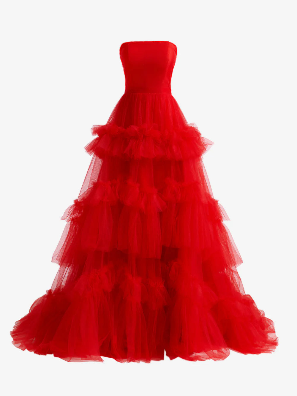 A-Linien-Abendkleid aus trägerlosem Tüll mit Rüschen